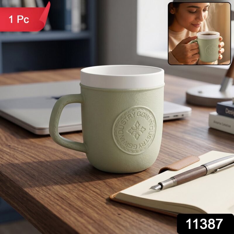 Plastic Coffee Mug with Handle � Leather-Textured Reusable Cup
