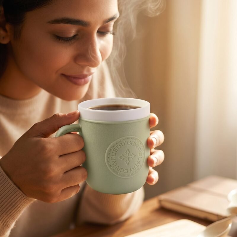 Plastic Coffee Mug with Handle � Leather-Textured Reusable Cup