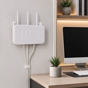 16115-03-product_b7e52143-3693-4c54-8ed5-06b1e786c7ca.jpg Wall Mount WiFi Router Holder � Space-Saving Cable Management Solution