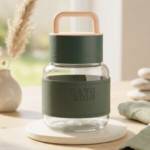 Glass Water Bottle � Stylish, Portable with Handle & Leather Sleeve