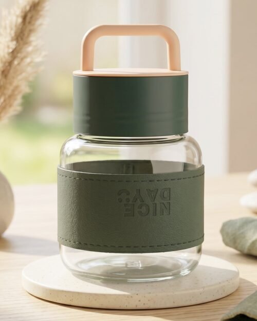 Glass Water Bottle � Stylish, Portable with Handle & Leather Sleeve