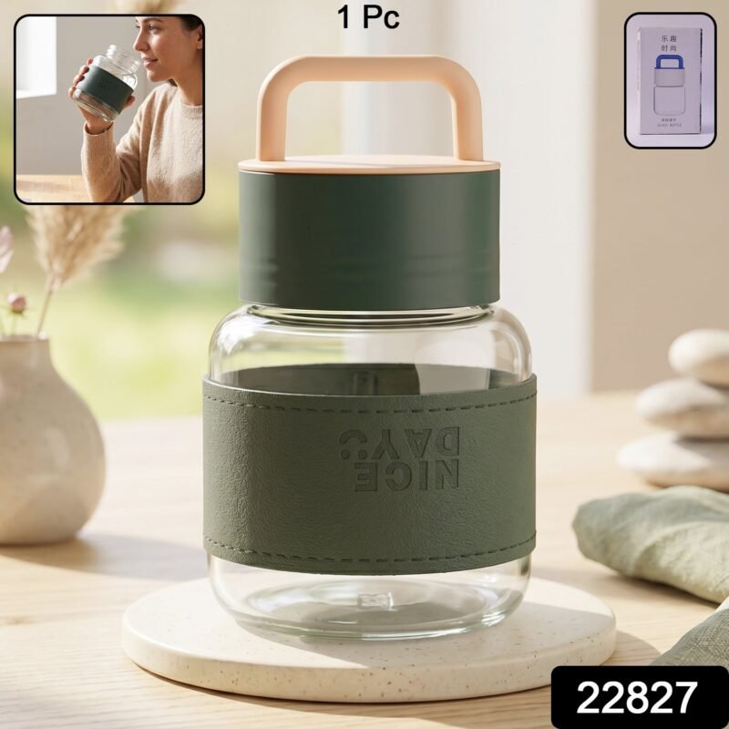 Glass Water Bottle � Stylish, Portable with Handle & Leather Sleeve