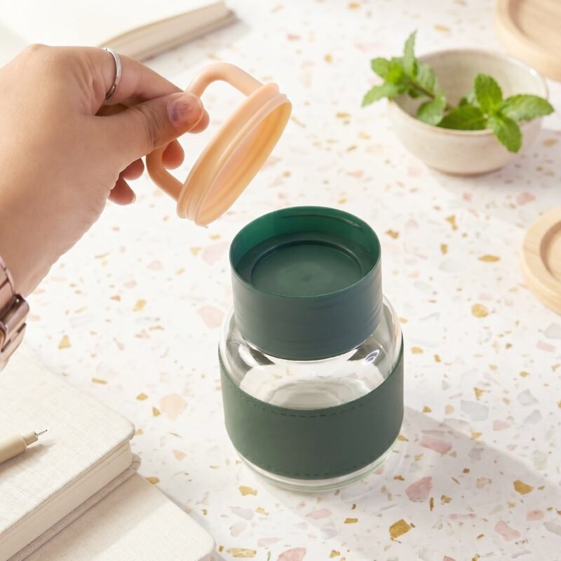 Glass Water Bottle � Stylish, Portable with Handle & Leather Sleeve