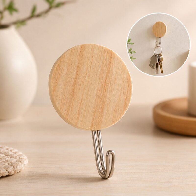 Self-Adhesive Wall Hooks � No Drill, Stylish Wooden Finish