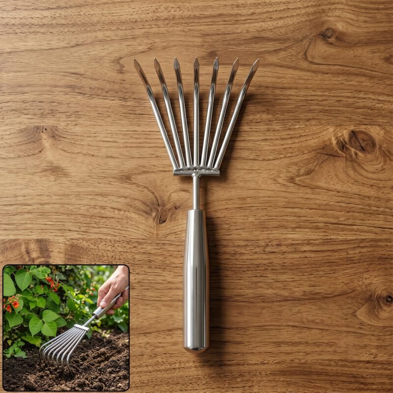 SteelGardeningHandRake-01.jpg Stainless Steel Garden Rake � Durable & Rust-Resistant Tool for Easy Gardening