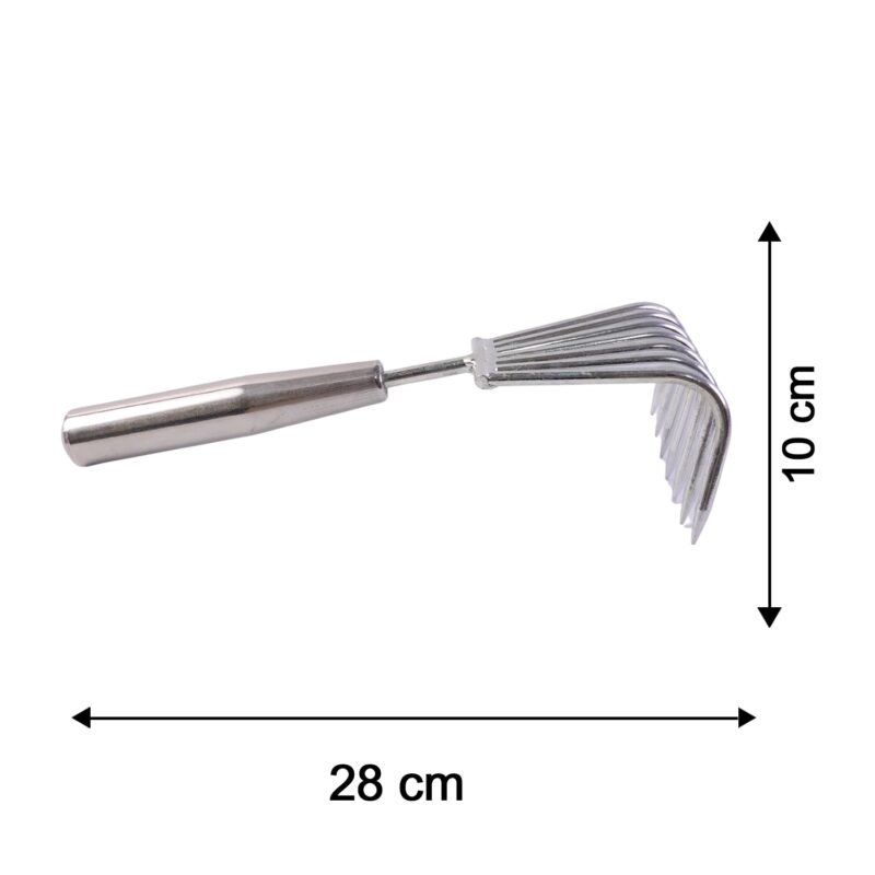 SteelGardeningHandRake-size.jpg Stainless Steel Garden Rake � Durable & Rust-Resistant Tool for Easy Gardening