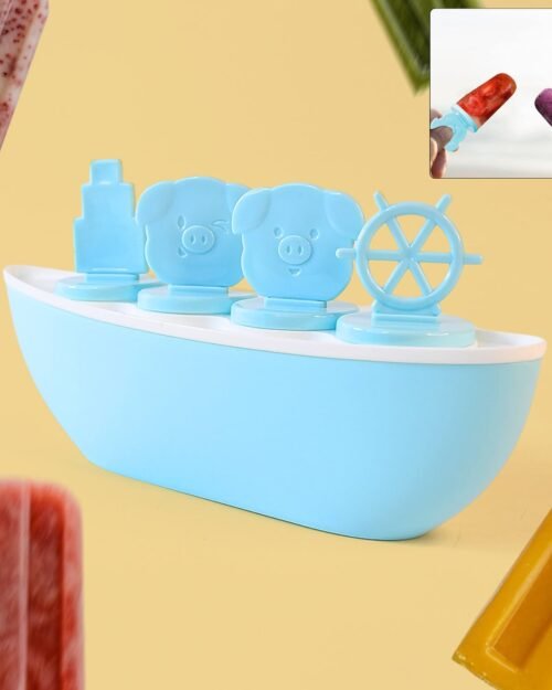 Boat-Shaped Ice Cream Mould with Piggy Design – 4 Cavity Popsicle Maker