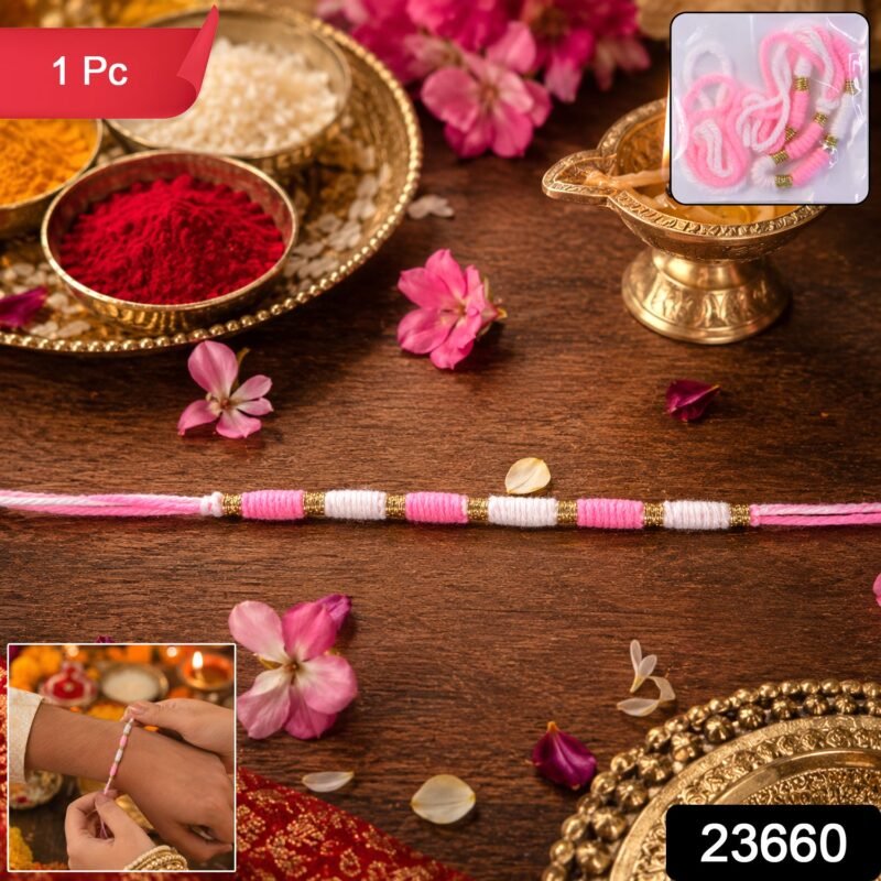 Pink & White Thread Rakhi � Elegant Traditional Beaded Design