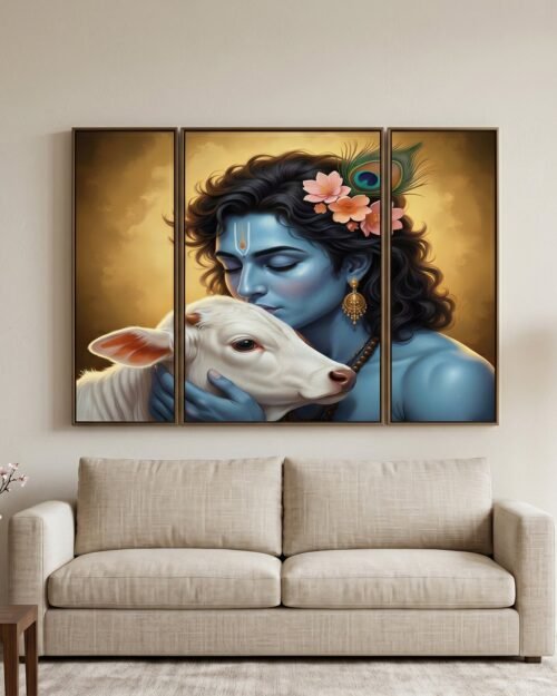 01_8e0b2fa9-16e3-4f16-8cb8-e3406ce9ea3a.jpg Krishna N Cow Wall Art � Vibrant 3 Panel MDF Design for Home