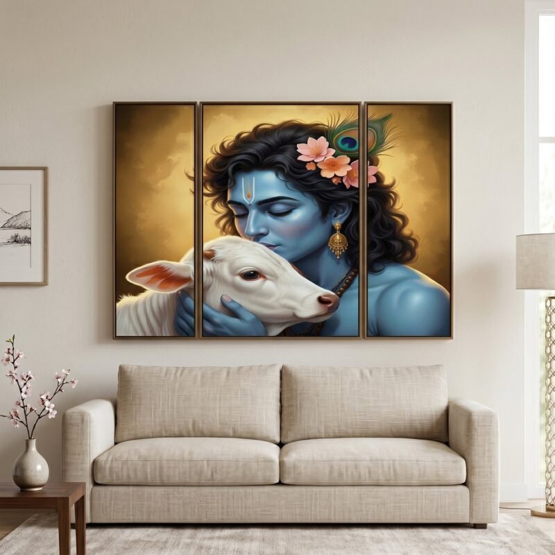 Krishna N Cow Wall Art � Vibrant 3 Panel MDF Design for Home