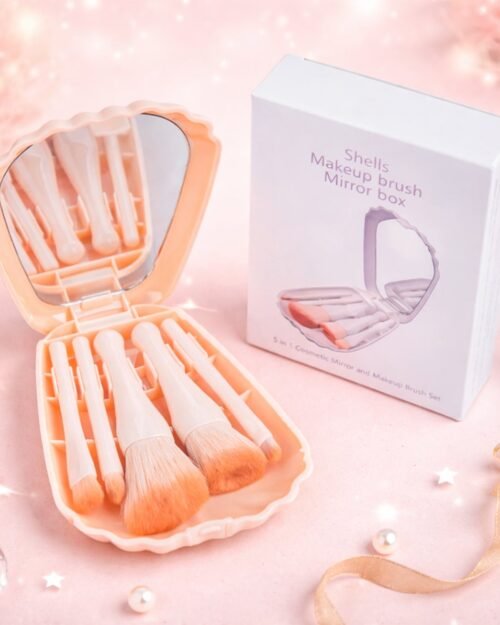5 in 1 Makeup Brush Set – Compact Kit with Built-in Mirror