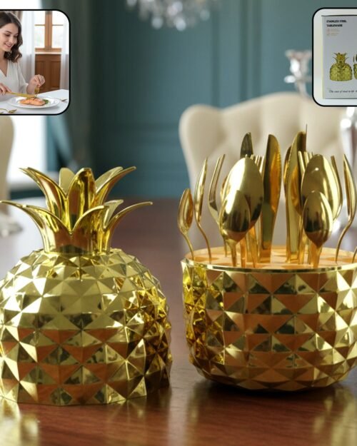 Gold Stainless Steel Cutlery Set – Luxury 24-Piece with Pineapple Stand