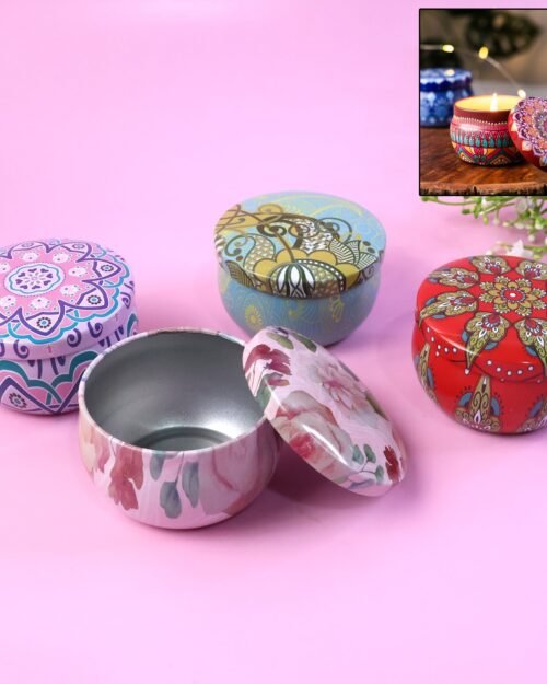 Mandala Printed Metal Candle Container – Reusable 4 Piece Set
