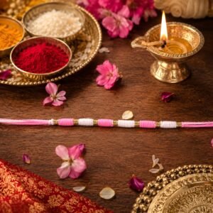 Pink & White Thread Rakhi � Elegant Traditional Beaded Design