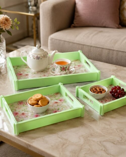 Serving Tray Set � Elegant Floral Design with Side Handles