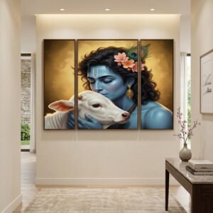 Krishna N Cow Wall Art � Vibrant 3 Panel MDF Design for Home