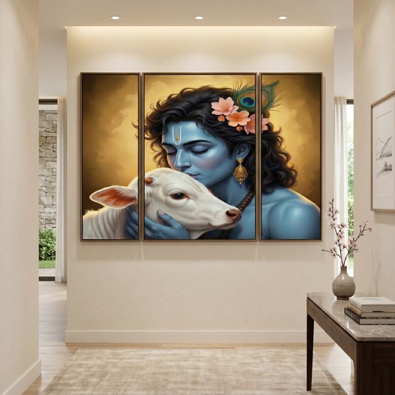 Krishna N Cow Wall Art � Vibrant 3 Panel MDF Design for Home