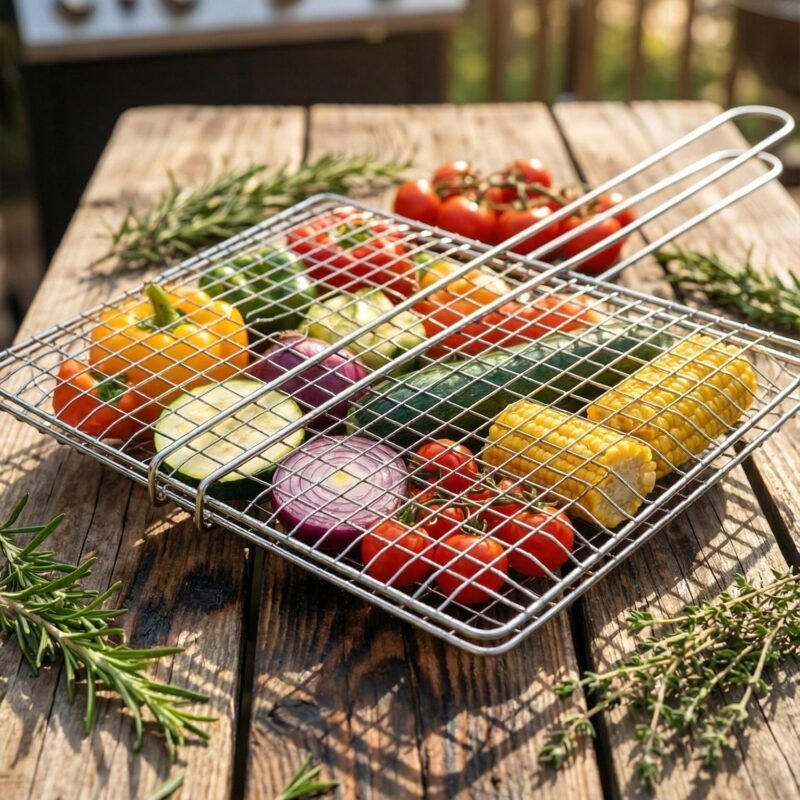 Heavy-Duty Stainless Steel BBQ Grill Basket � Long Handle & Durable Construction