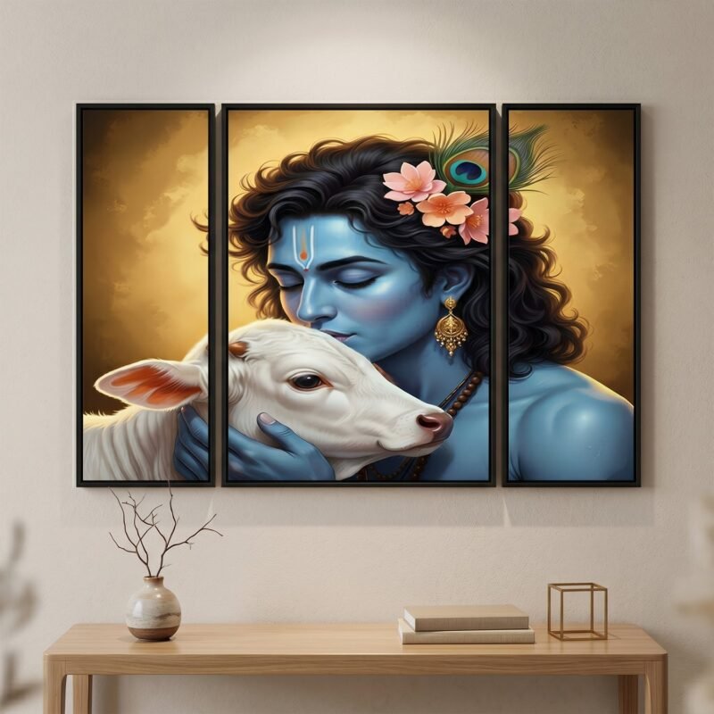 Krishna N Cow Wall Art � Vibrant 3 Panel MDF Design for Home