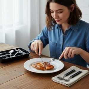 Stainless Steel Cutlery Set – 24-Piece with Plastic Handles & Tray