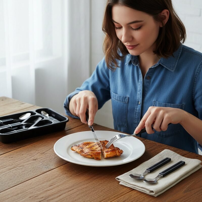 Stainless Steel Cutlery Set – 24-Piece with Plastic Handles & Tray