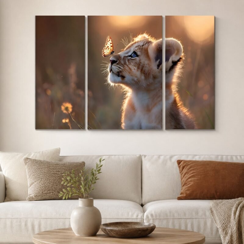 Lion Cub Wall Art � Vibrant 3-Panel MDF Wall Decor