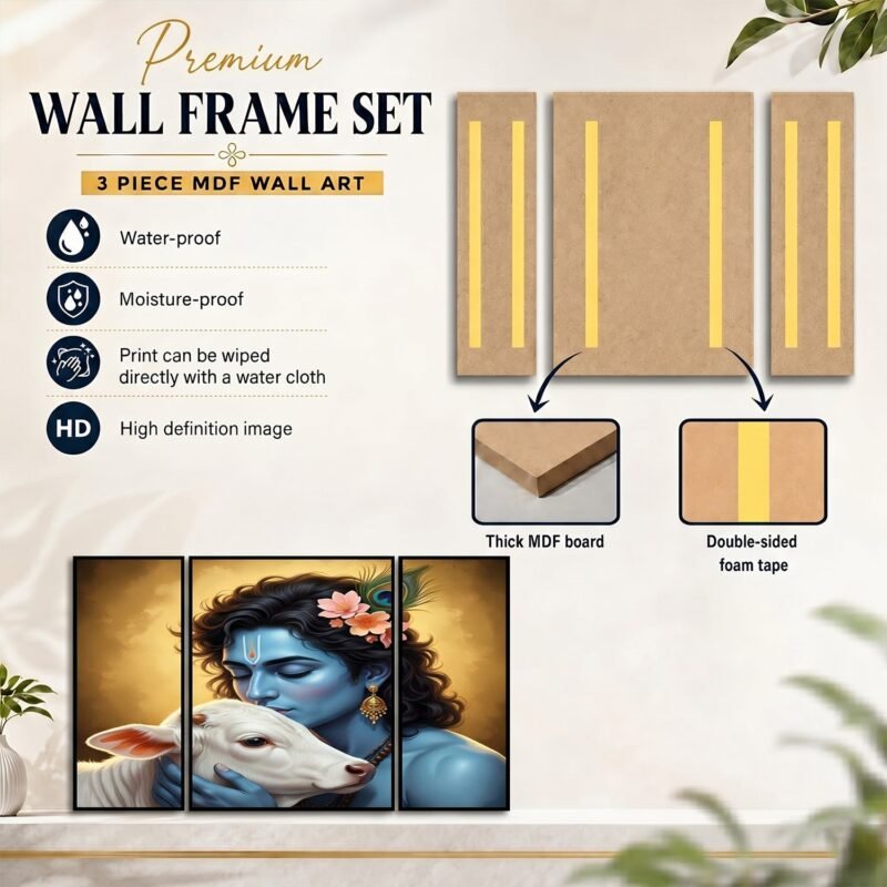 Krishna N Cow Wall Art � Vibrant 3 Panel MDF Design for Home