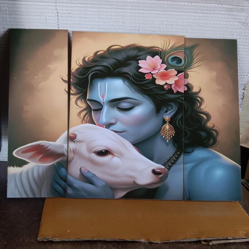 Krishna N Cow Wall Art � Vibrant 3 Panel MDF Design for Home