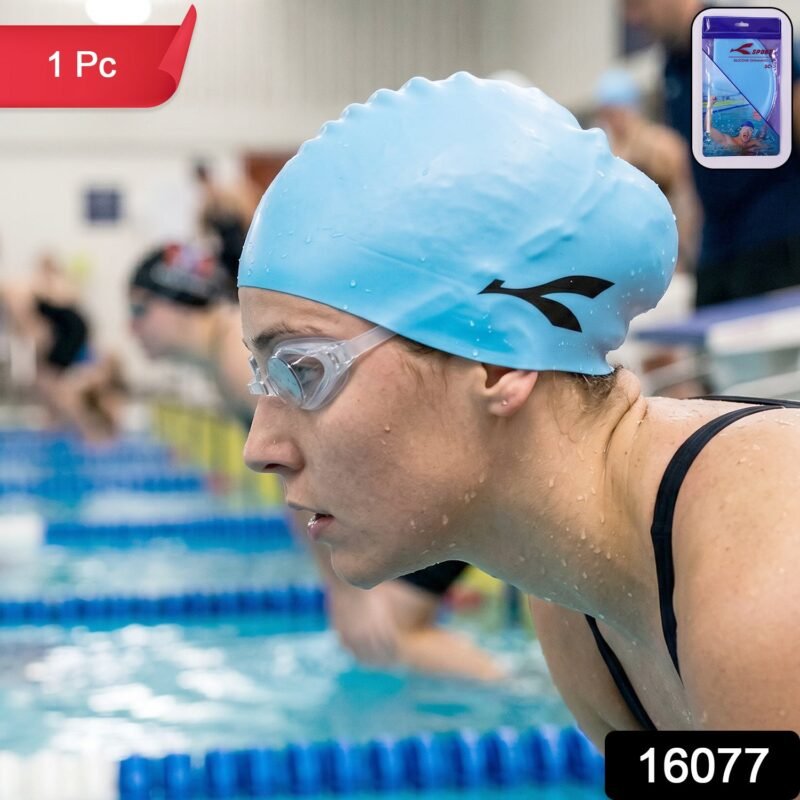 16077.jpg Waterproof Stretchable Silicone Swim Cap � Fits All Ages for Swim & Water Sports
