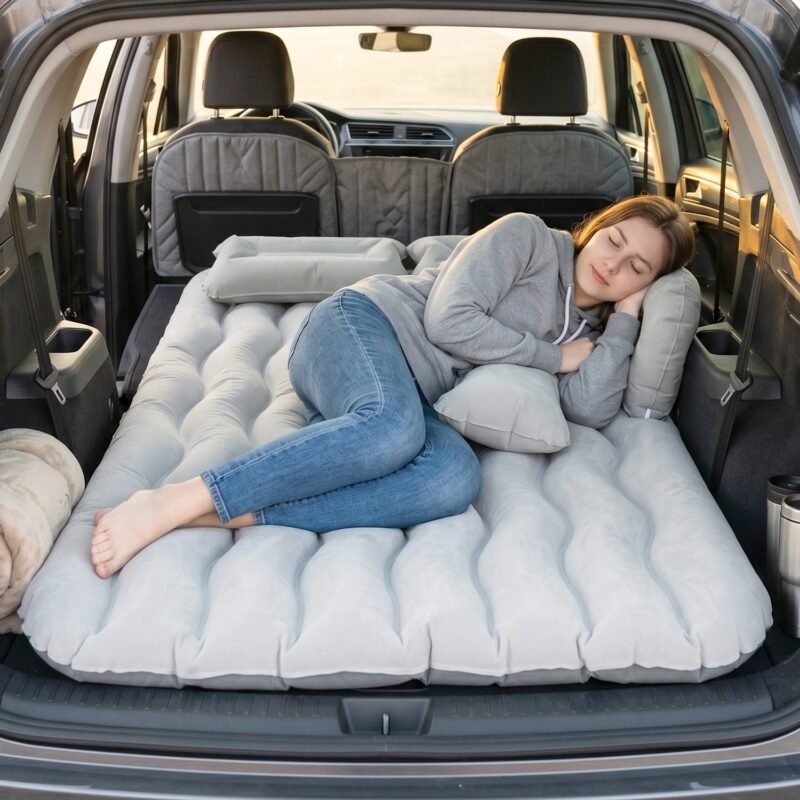 16078_07_lifestyle_woman.jpg Portable Car Air Mattress � Foldable with Pump & Pillows for Road Trips