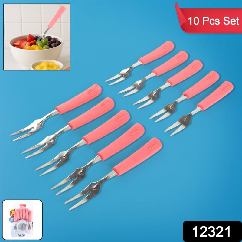 27712321-72Pc-Fruitfrokfantasticj372ritu-Av-Sv.jpg Stainless Steel Fruit Fork Set – 10 Durable Mini Forks with Soft Grip