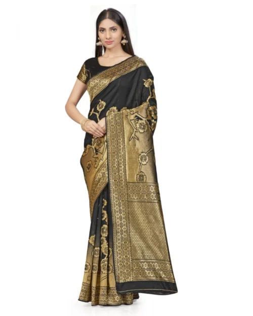 Generic Women's Banarasi Silk Saree (Black,5-6 Mtrs)