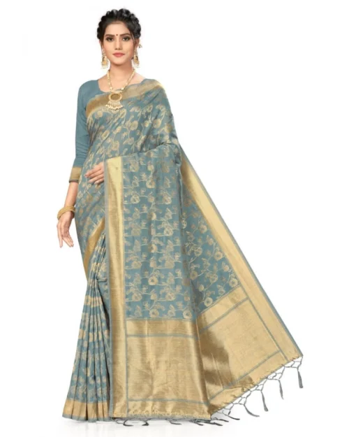 Generic Women's Banarasi (Spun Cotton) Saree (Grey,5-6 Mtrs)