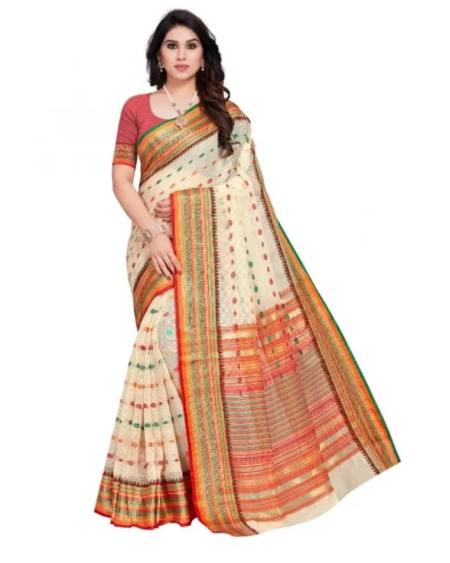 Generic Women's Kota Doria Cotton Woven Butta Saree With Blouse (Cream, 5-6 Mtrs)