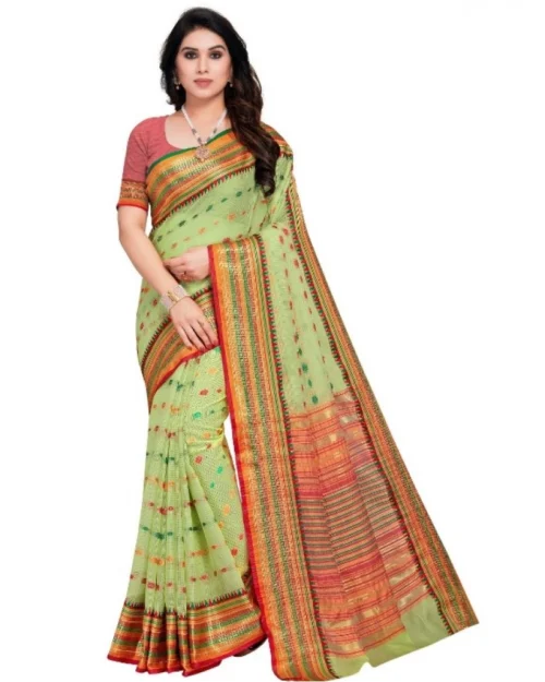 Generic Women's Kota Doria Cotton Woven Butta Saree With Blouse (Light Green, 5-6 Mtrs)