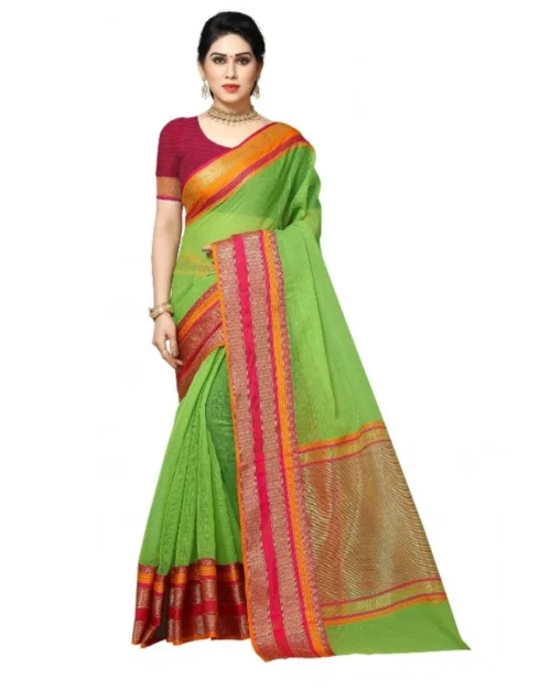 Generic Women's Kota Doria Cotton Border Saree With Blouse (Light Green, 5-6 Mtrs)