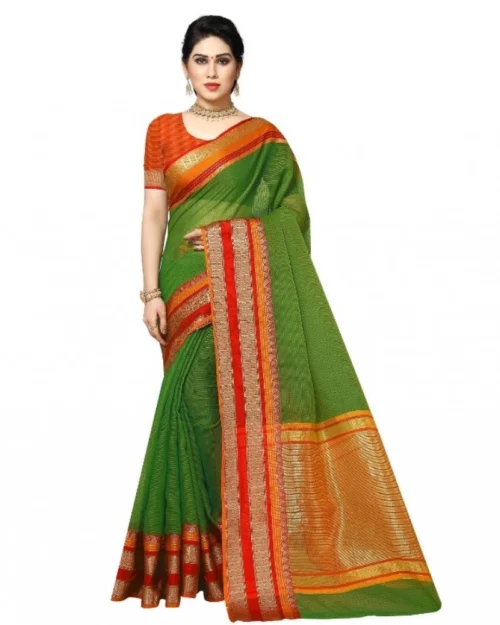 Generic Women's Kota Doria Cotton Border Saree With Blouse (Green, 5-6 Mtrs)