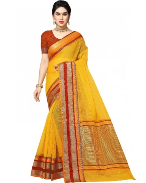 Generic Women's Kota Doria Cotton Border Saree With Blouse (Yellow, 5-6 Mtrs)
