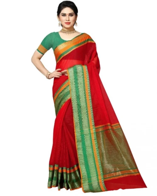 Generic Women's Kota Doria Cotton Border Saree With Blouse (Red, 5-6 Mtrs)
