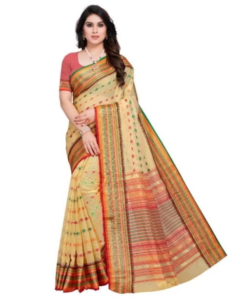 Generic Women's Kota Doria Cotton Woven Butta Saree With Blouse (Beige, 5-6 Mtrs)