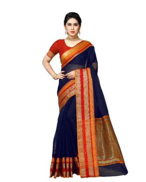 Generic Women's Kota Doria Cotton Border Saree With Blouse (Navy Blue, 5-6 Mtrs)