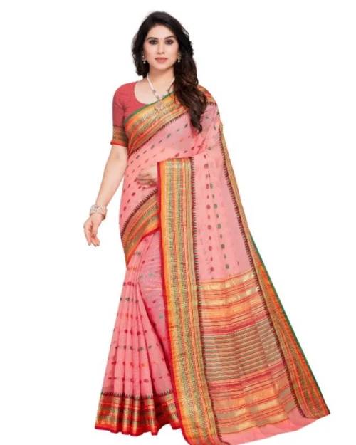 Generic Women's Kota Doria Cotton Woven Butta Saree With Blouse (Pink, 5-6 Mtrs)
