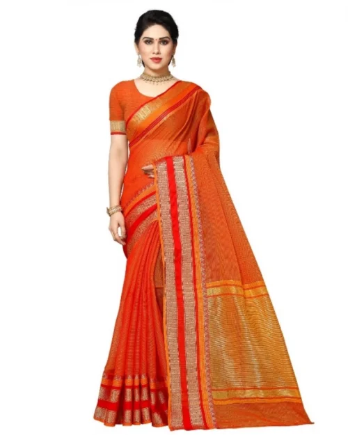 Generic Women's Kota Doria Cotton Border Saree With Blouse (Orange, 5-6 Mtrs)
