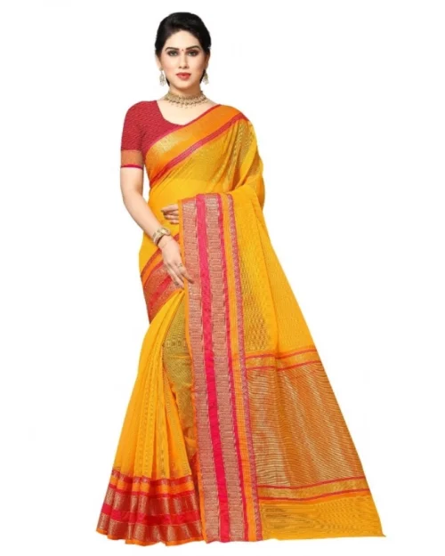 Generic Women's Kota Doria Cotton Border Saree With Blouse (Gold, 5-6 Mtrs)