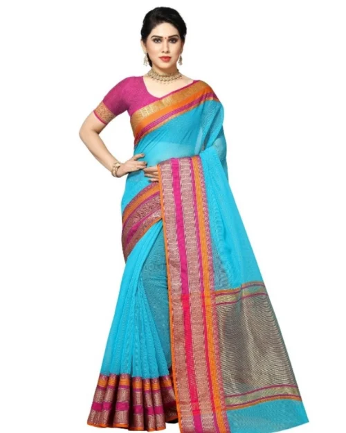 Generic Women's Kota Doria Cotton Border Saree With Blouse (Sky Blue, 5-6 Mtrs)