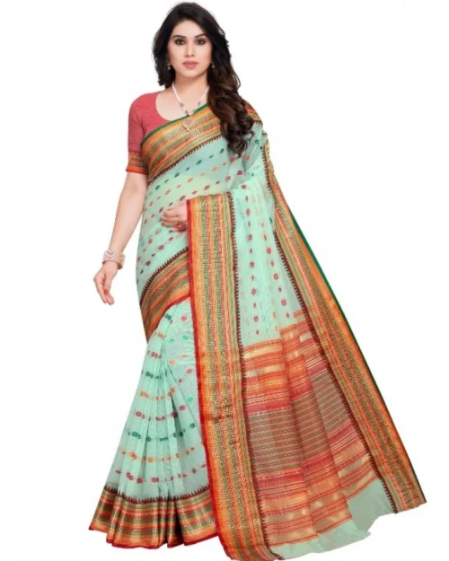 Generic Women's Kota Doria Cotton Woven Butta Saree With Blouse (Pista, 5-6 Mtrs)
