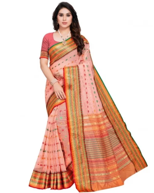 Generic Women's Kota Doria Cotton Woven Butta Saree With Blouse (Peach, 5-6 Mtrs)