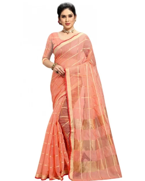 Generic Women's Kota Doria Cotton Checked Saree With Blouse (Peach, 5-6 Mtrs)