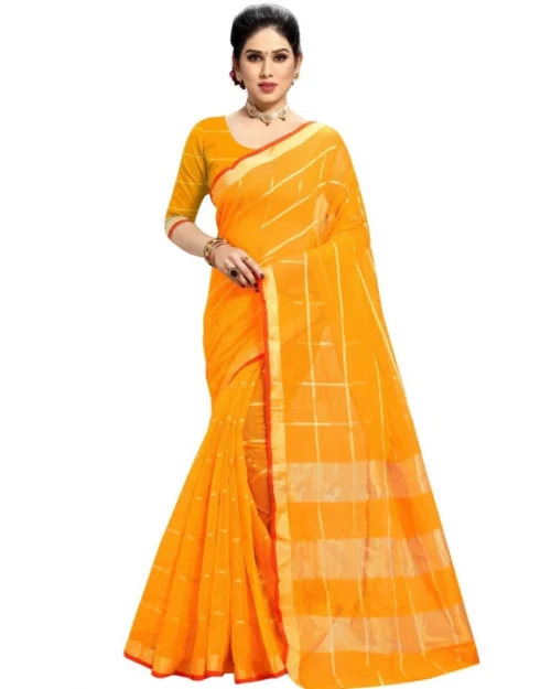 Generic Women's Kota Doria Cotton Checked Saree With Blouse (Yellow, 5-6 Mtrs)