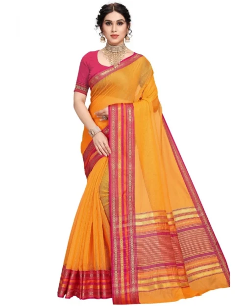 Generic Women's Kota Doria Cotton Bordered Saree With Blouse (Gold, 5-6 Mtrs)